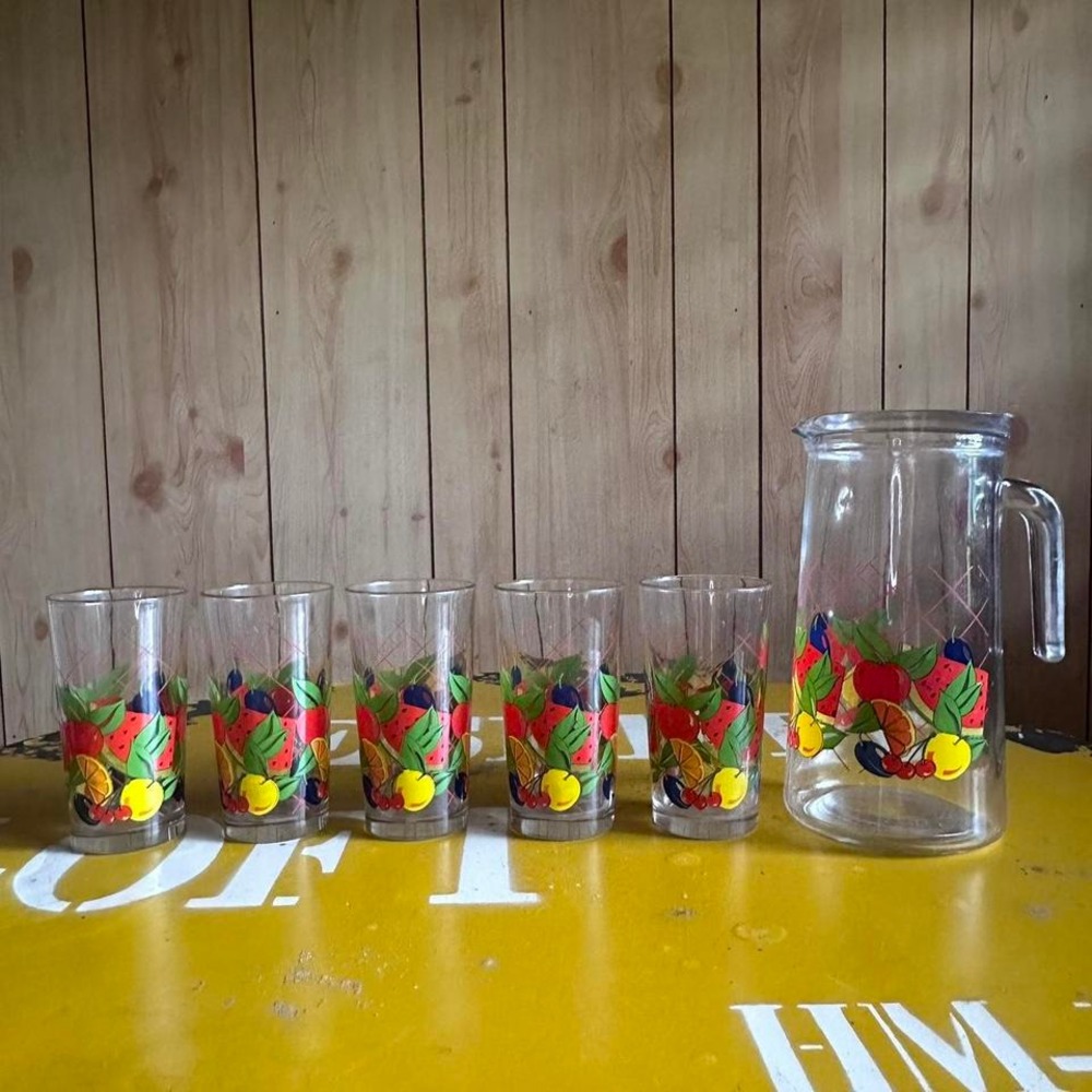 Vintage Fruit Pitcher Glass Set Mid Century Style Glassware 6 Pieces Summer Farm